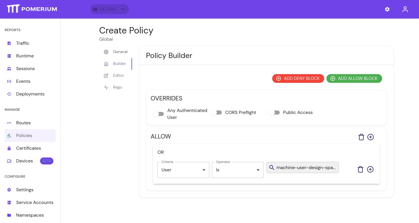 An example policy for a service account in the policy builder