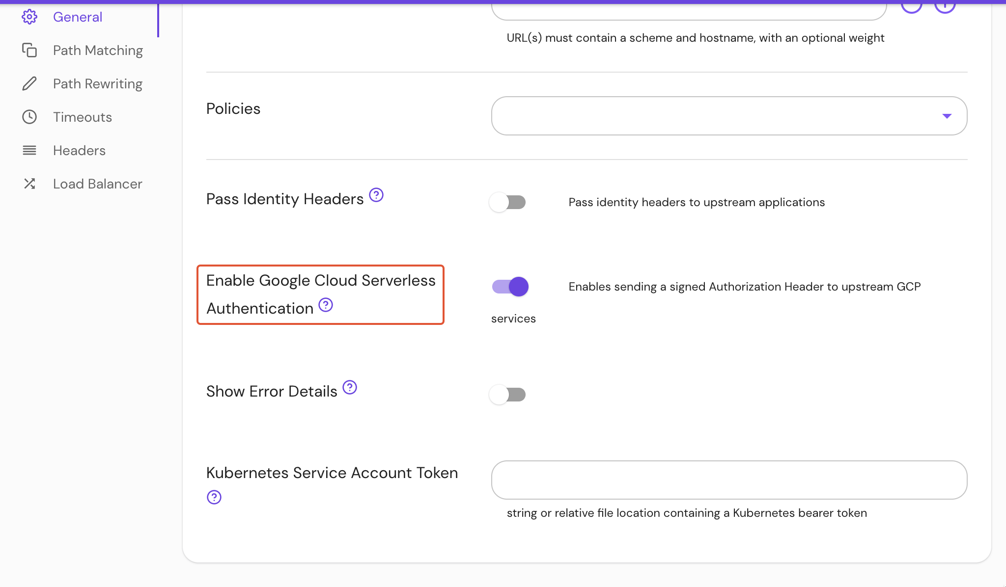 Enable **Google Cloud Serverless Authentication** under **General** route settings in the Console