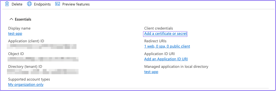 Save your client ID, directory ID, and create a certificate or secret