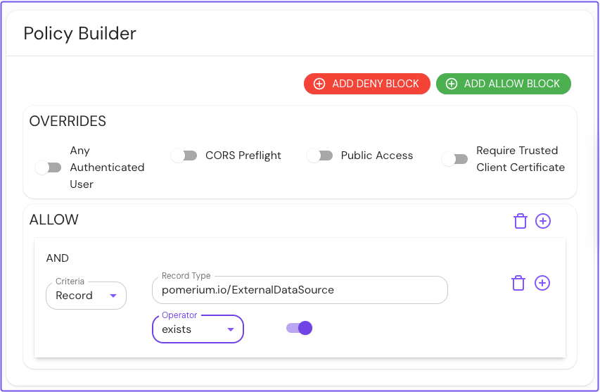 Builds an authorization policy using the exists operator with an external data source