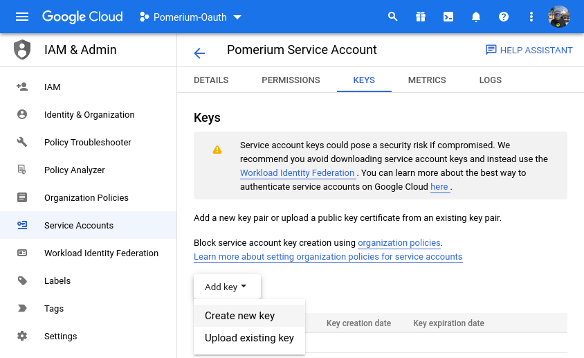 Creating a new key for a Google service account