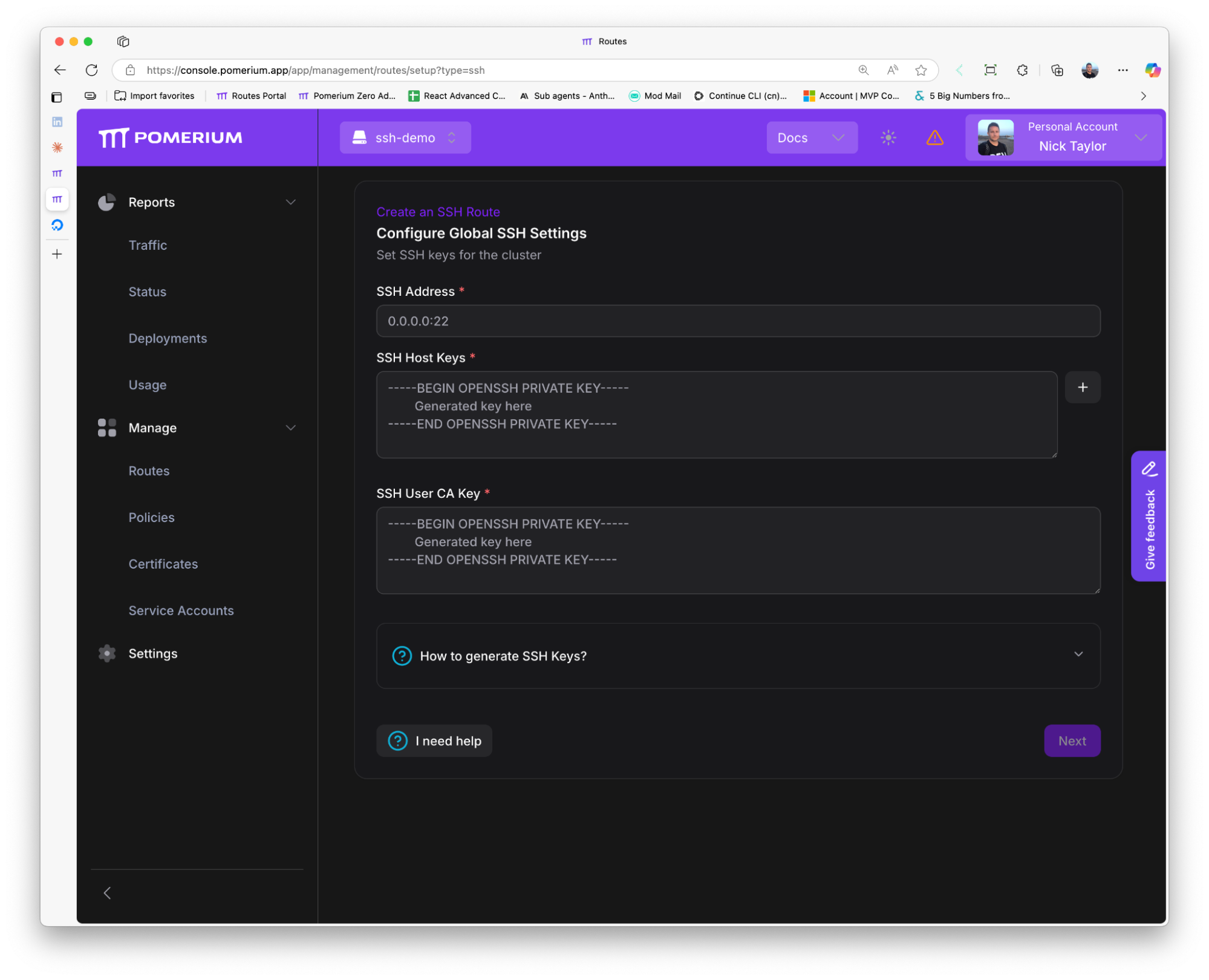Global SSH settings configuration page