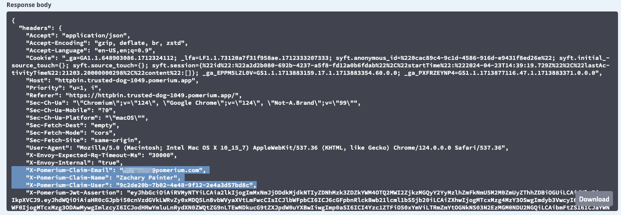 Reviewing the JWT claim headers added to the route