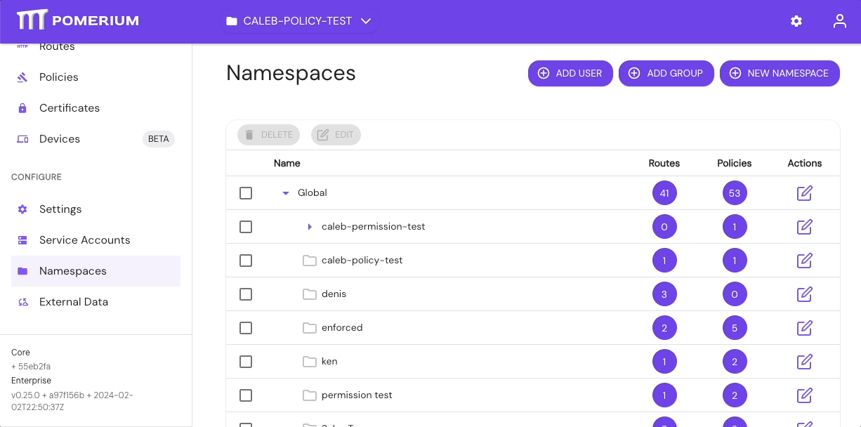 Manage Namespaces in the Enterprise Console&#39;s Namespaces dashboard